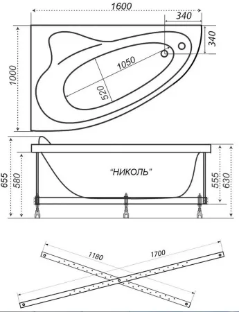 Ванна акриловая "Николь" правая 1600 х 1000 х 630 "Triton"